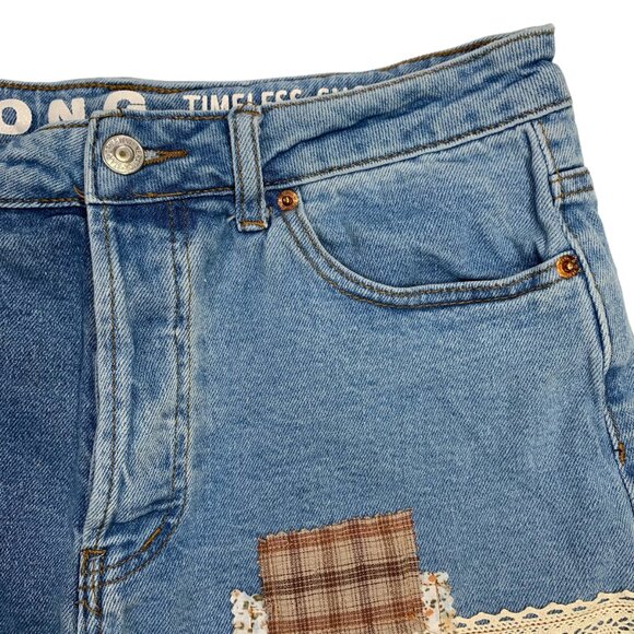 SONG Cut Off Jean Shorts Boho Denim Button Fly Distressed Plaid Patchwork 7 - Picture 5 of 12